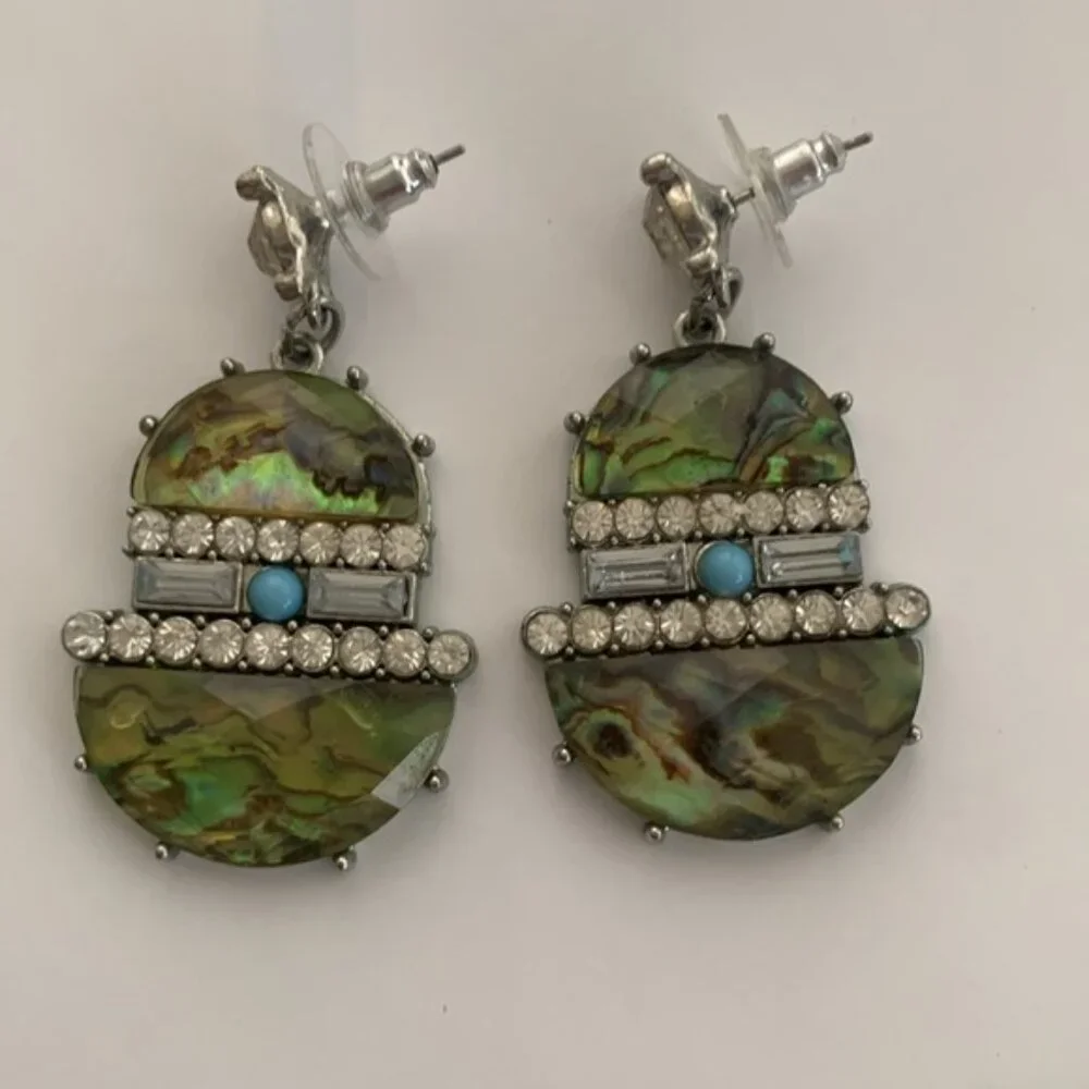 Turquoise color earrings w Rhinestones VTG Jangle earrings post back 2in long